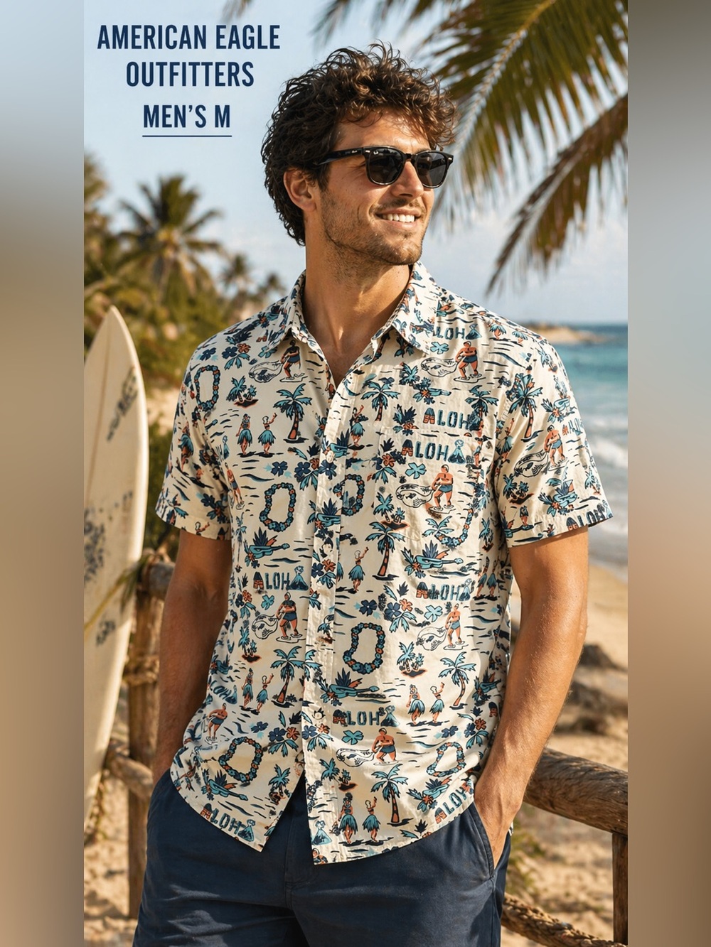 American Eagle Hawaiian Shirt Mens Medium aloha Print Short Sleeve casual beach